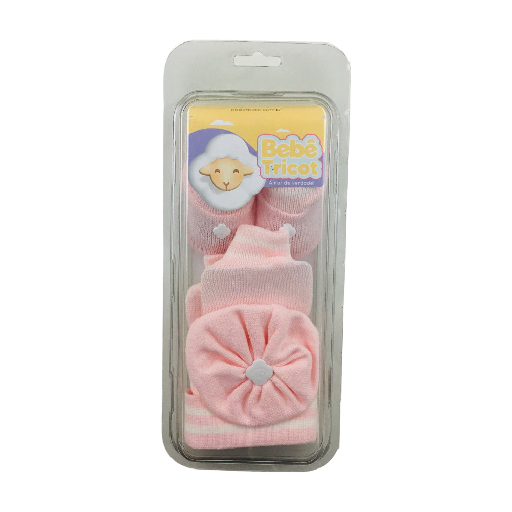 Kit Bebe Tricot Listras Com Sapato Luva E Touca 3 Peças