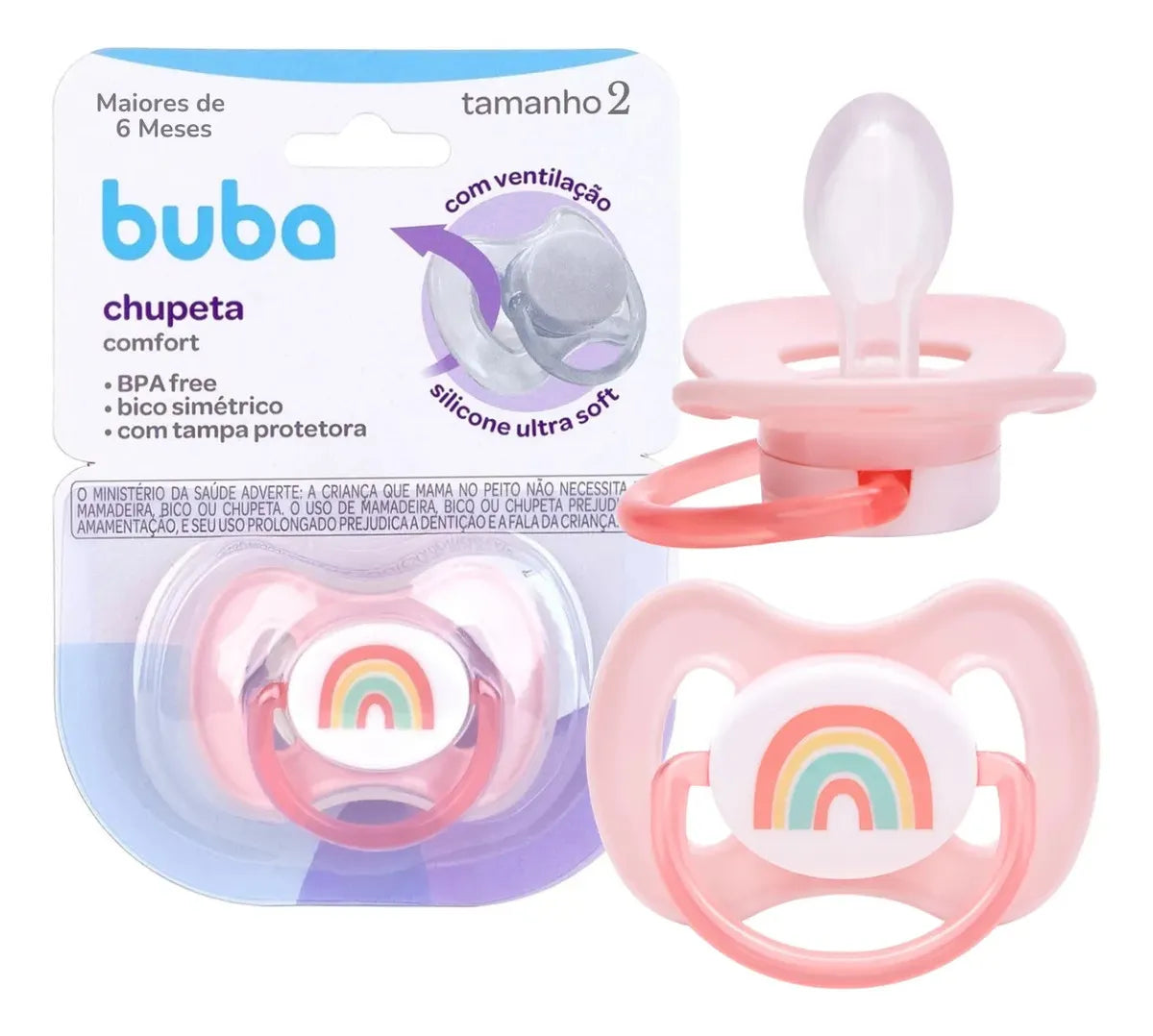 Chupeta Buba Comfort Magic Arco-Íris Tam 2 Bico Simétrico de Silicone
