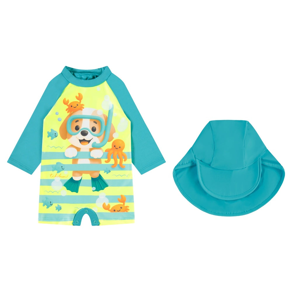 Conjunto Macaquinho de Praia com Chapéu Infantil Baby Kamylus Tchibum Cachorrinho Proteção UV 50+ Dri-Fit