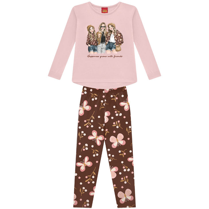 Conjunto Infantil Feminino Kyly Blusa Happiness Friends e Legging Cotton