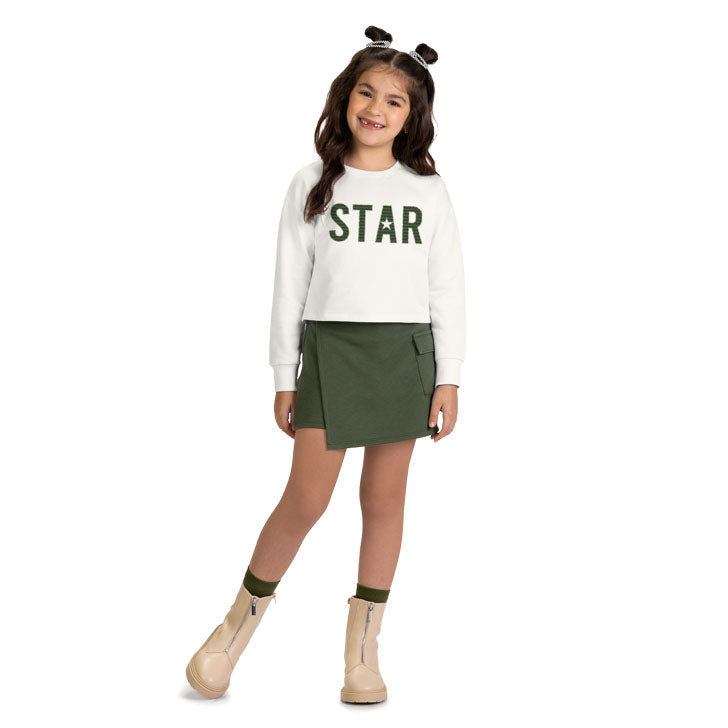Conjunto Infantil Feminino Kyly Cropped Moletinho Star e Short-Saia