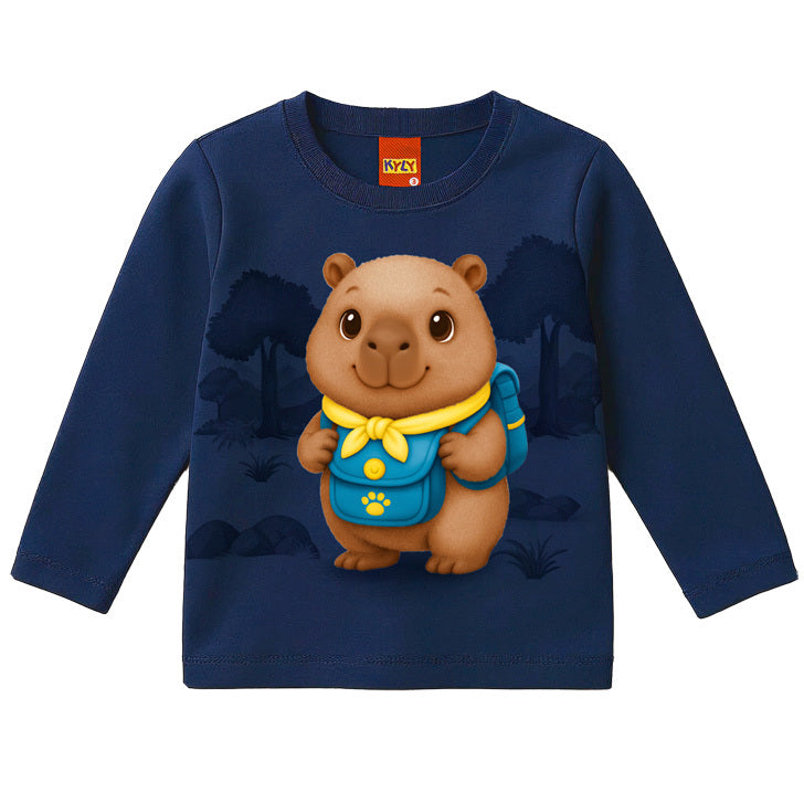 Camiseta Infantil Masculina Kyly Manga Longa em Malha Capivara Exploradora