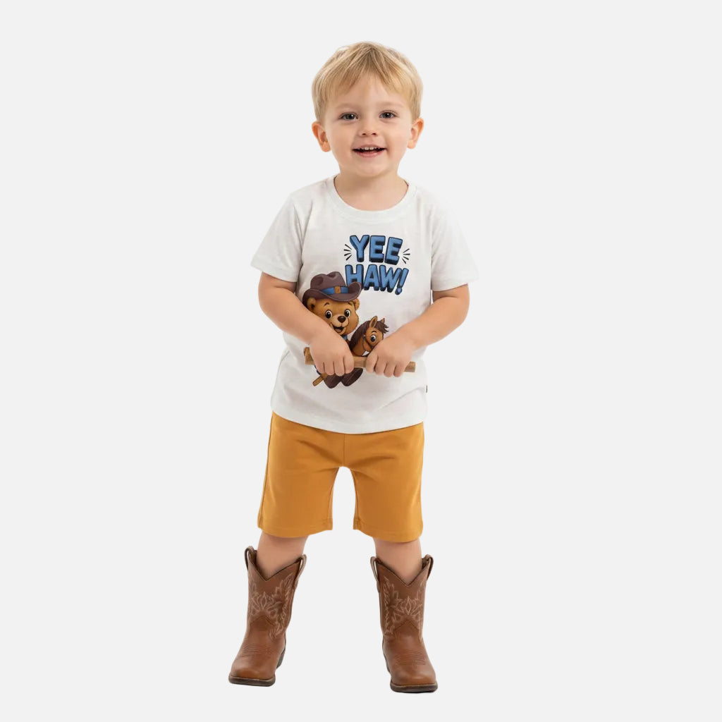 Conjunto Infantil Masculino Kyly Ursinho Yee Haw! - Camiseta + Bermuda Moletinho