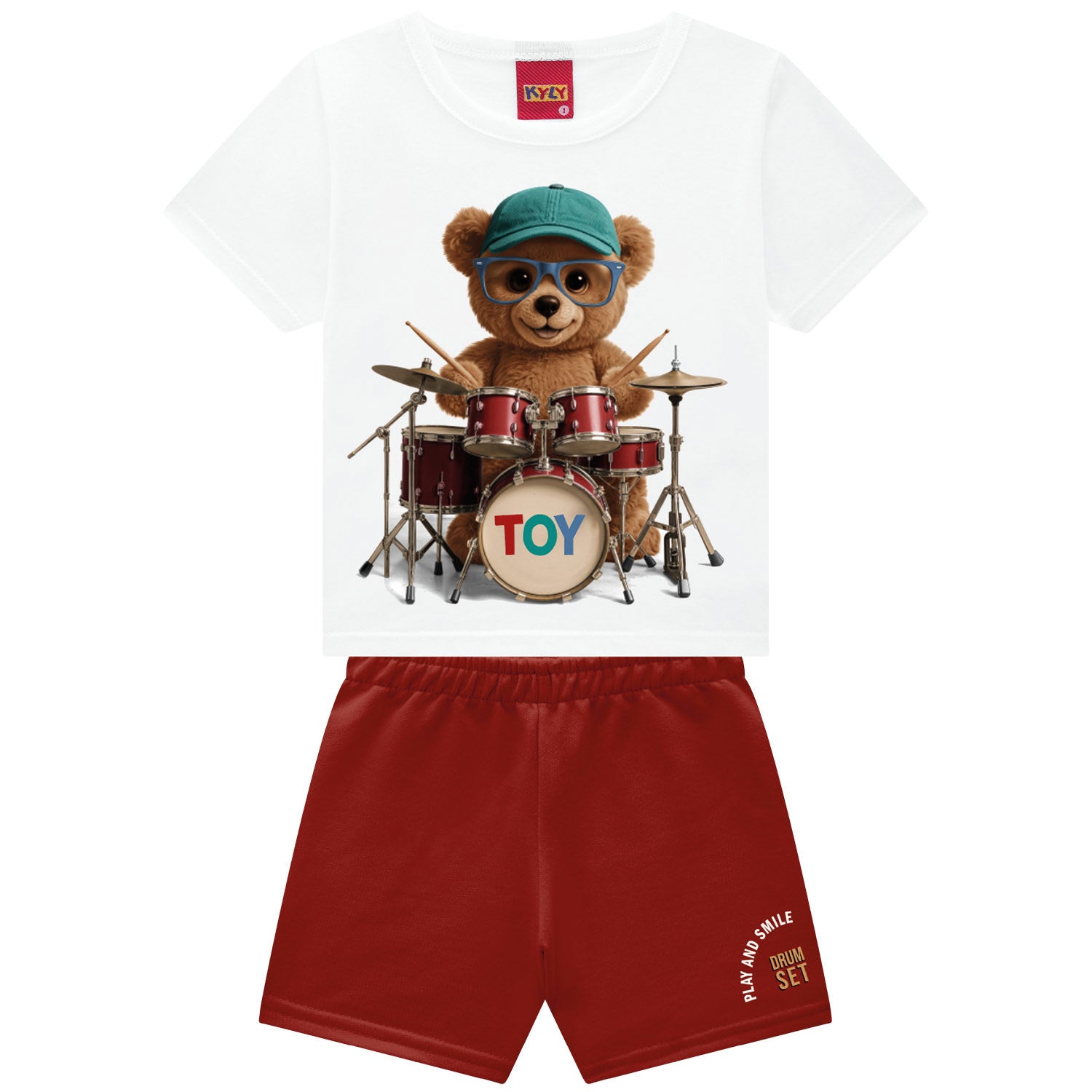 Conjunto Infantil Masculino Kyly Ursinho Baterista Camiseta e Bermuda
