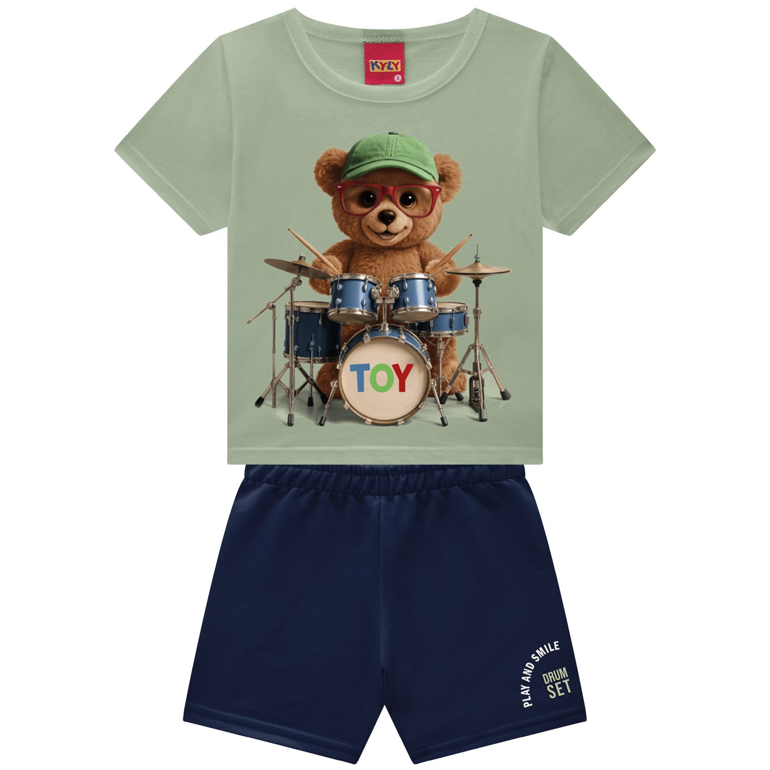 Conjunto Infantil Masculino Kyly Ursinho Baterista Camiseta e Bermuda