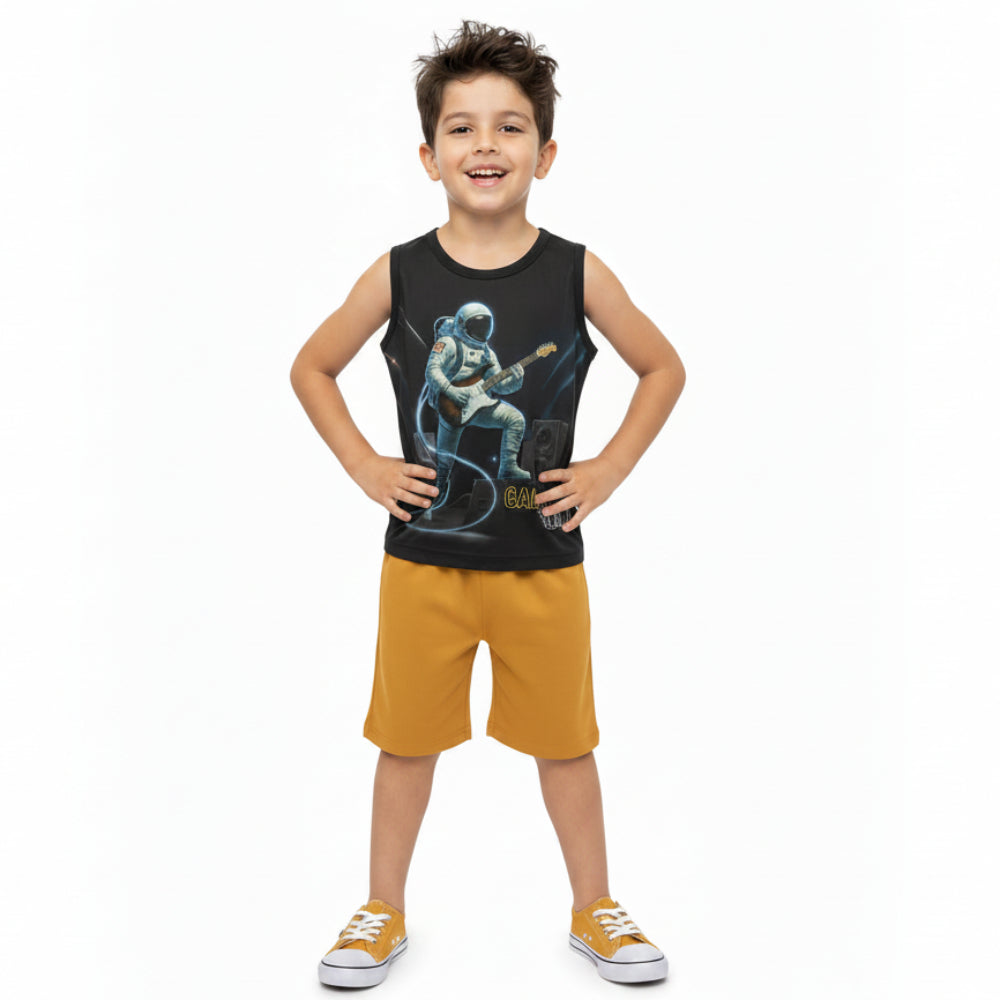 Conjunto Infantil Masculino Kyly Astronauta Galactic Solo Regata e Bermuda