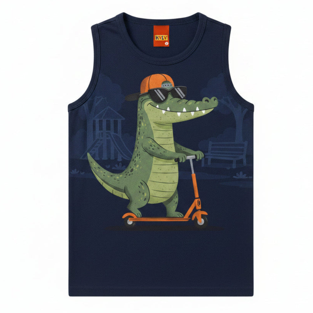 Conjunto Infantil Masculino Kyly Jacaré no Patinete Regata e Bermuda