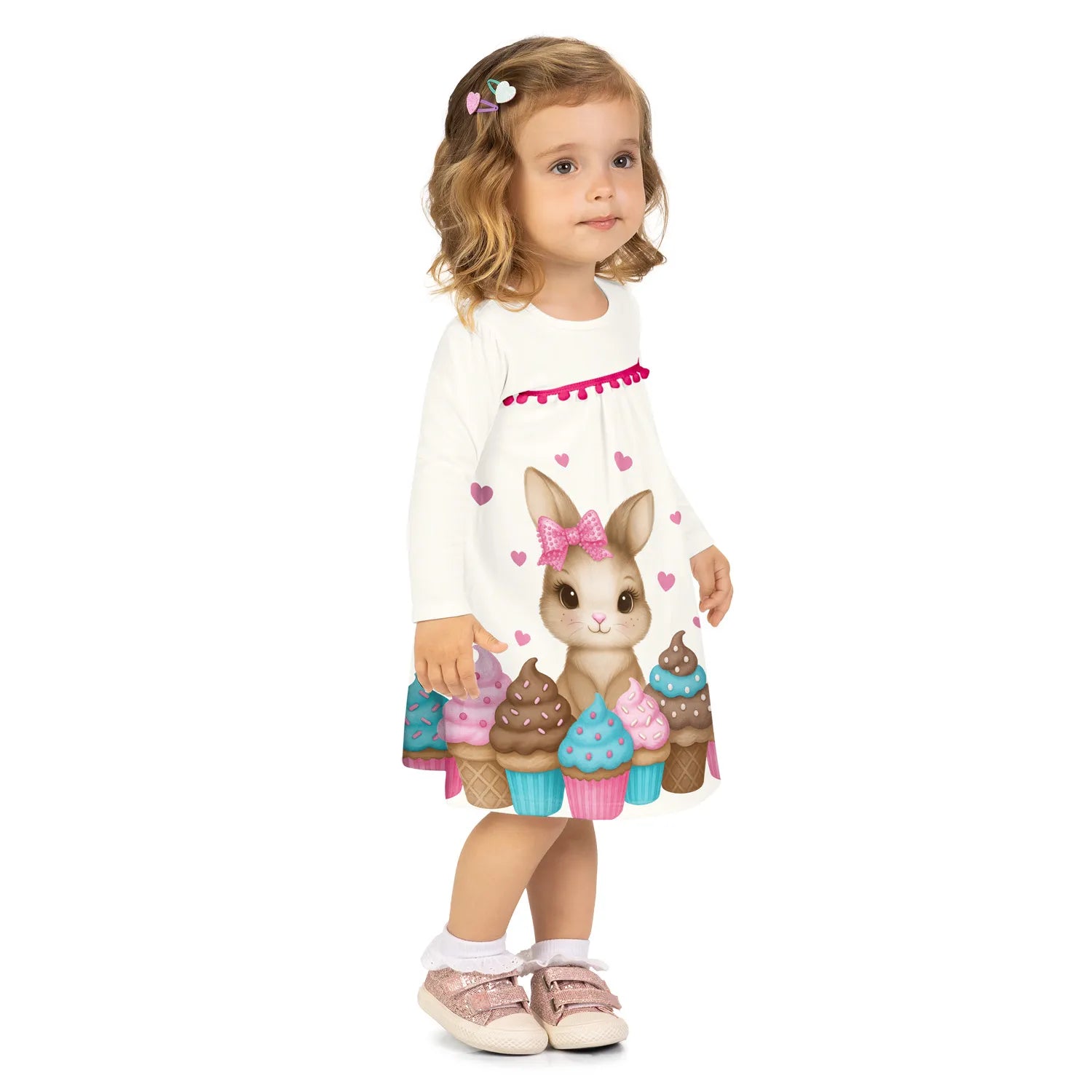 Vestido Infantil Feminino Kyly Manga Longa Coelhinha e Cupcakes