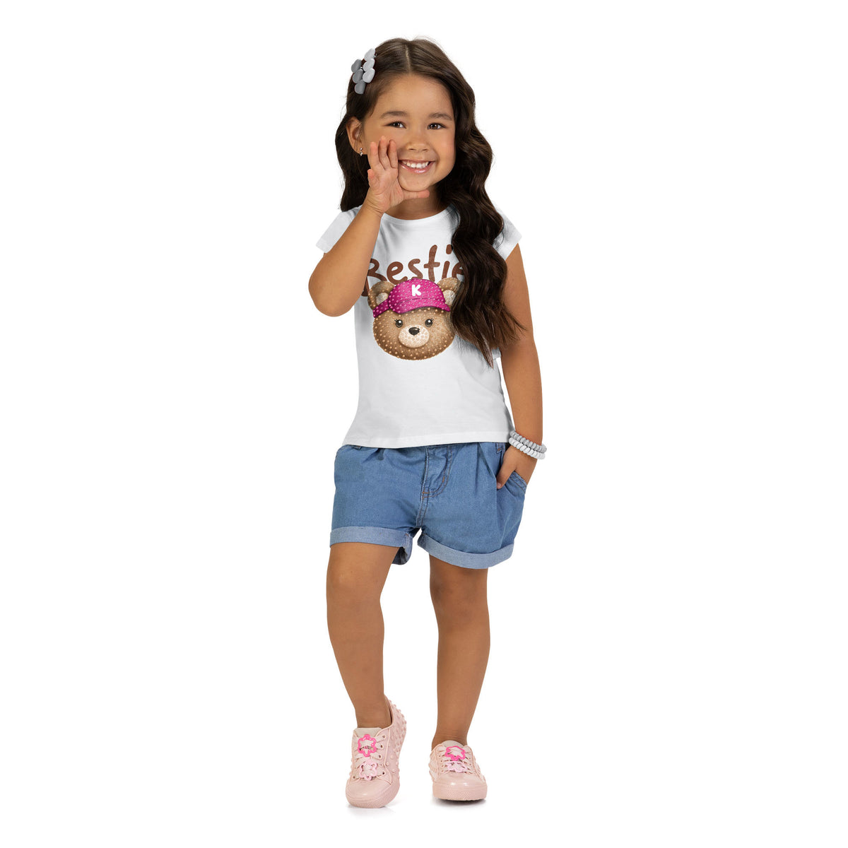 Blusa Cropped Infantil Kyly Ursinha Bestie em Algodão