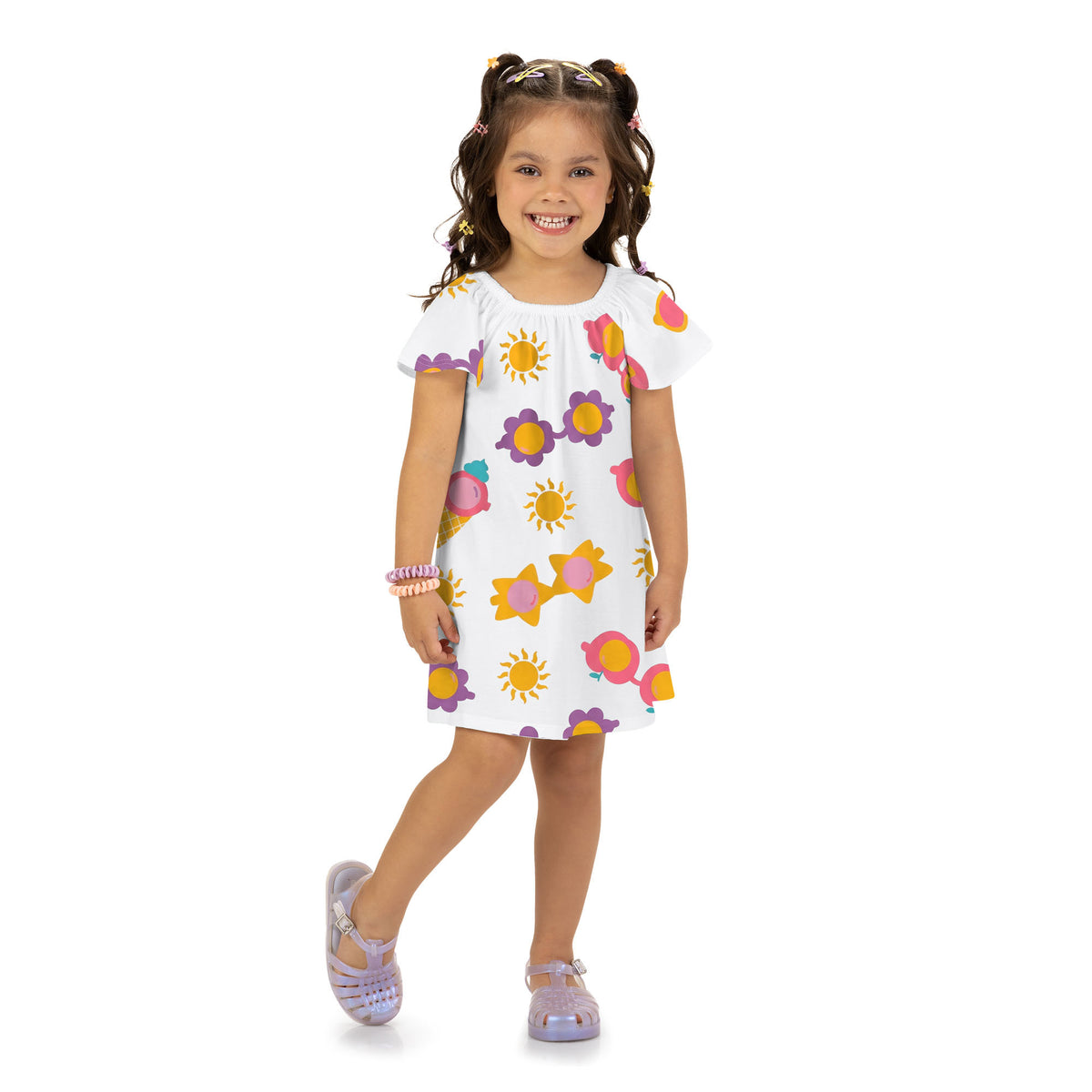 Vestido Infantil Feminino Kyly Estampa Divertida Óculos e Sol