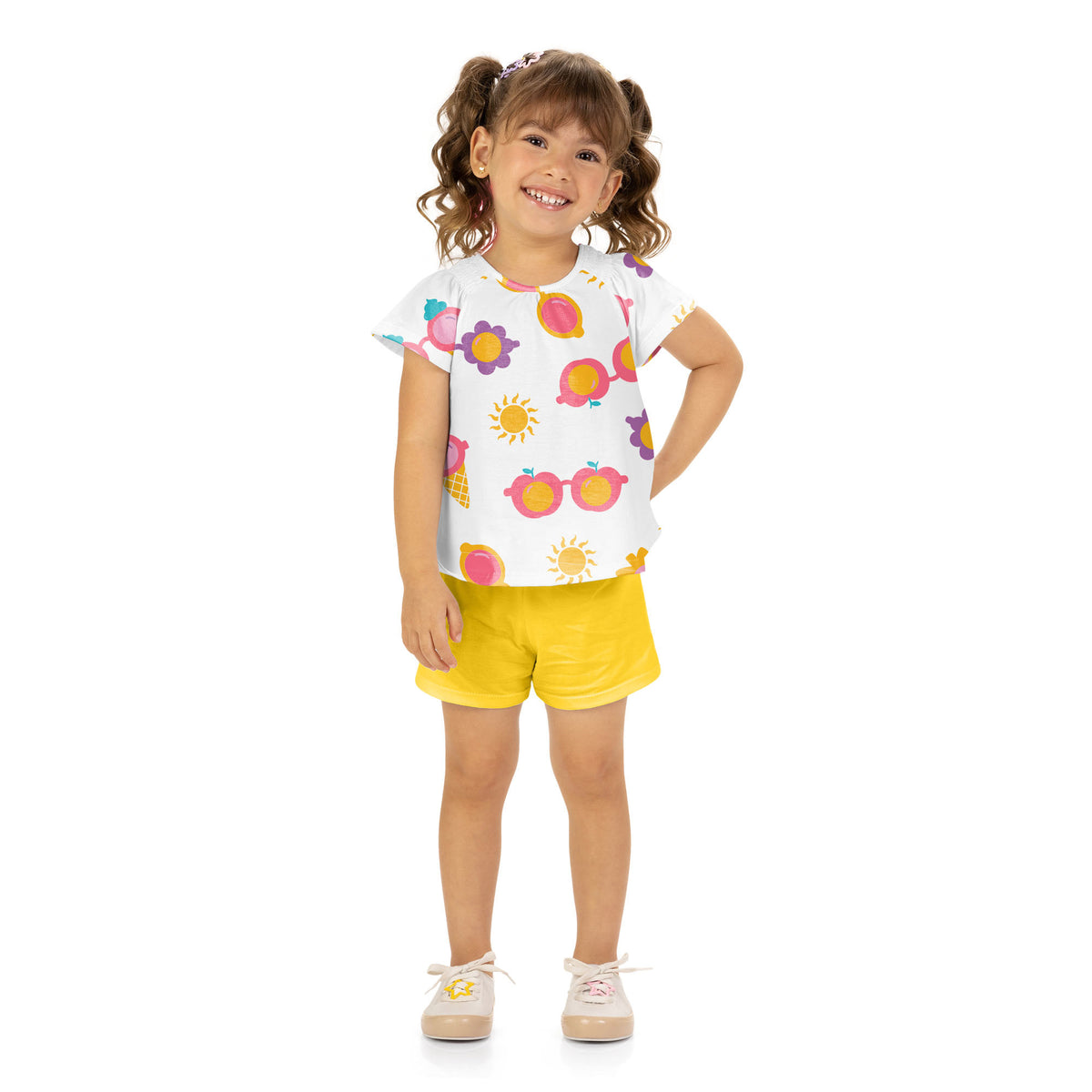 Conjunto Feminino Infantil Kyly Blusa e Short Estampa Divertida Verão
