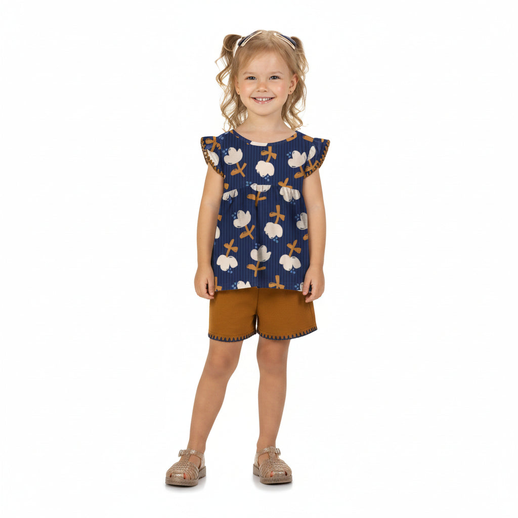 Conjunto Infantil Feminino Kyly Flor de Algodão Blusa e Short