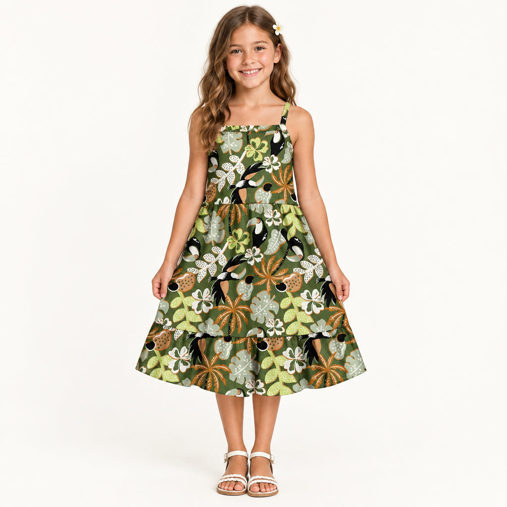 Vestido Infantil Feminino Kyly Estampa Folhas e Tucanos