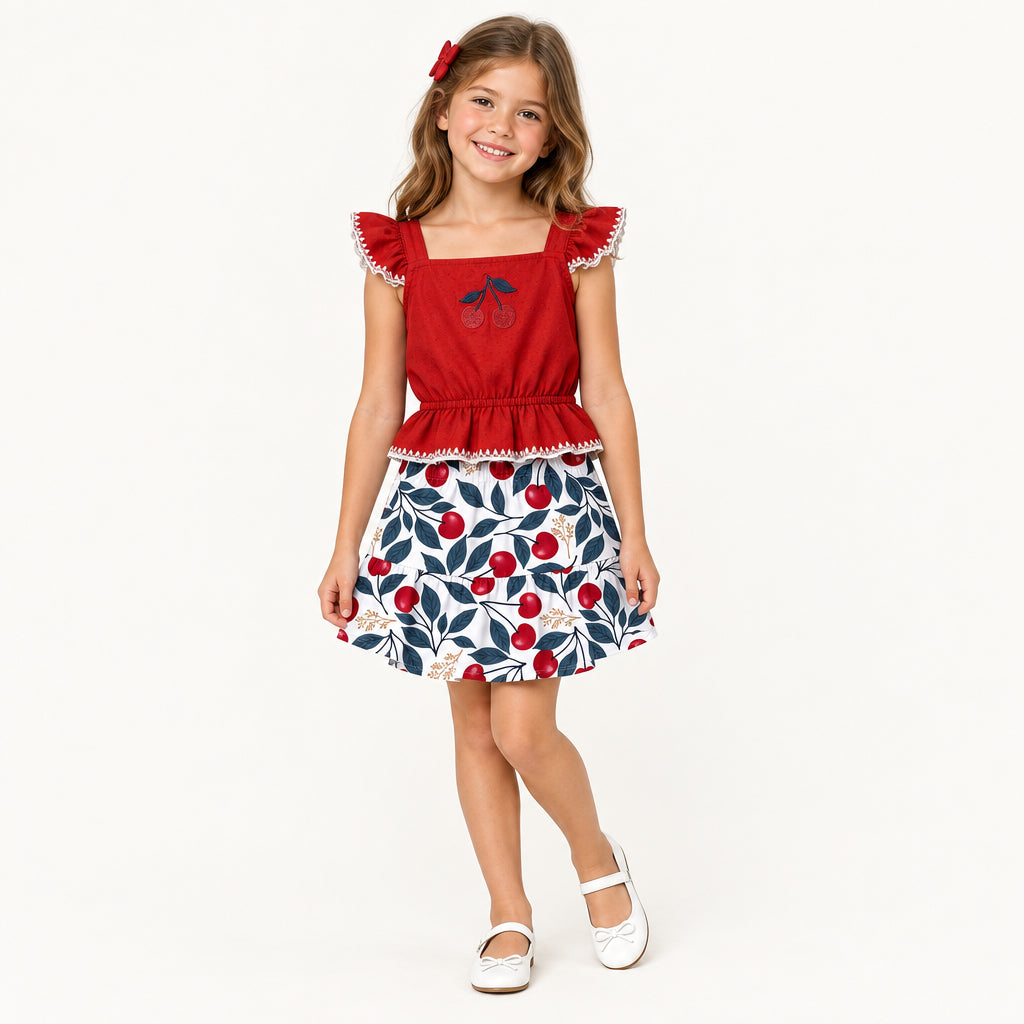 Conjunto Infantil Feminino Kyly Cereja Regata e Shorts-Saia
