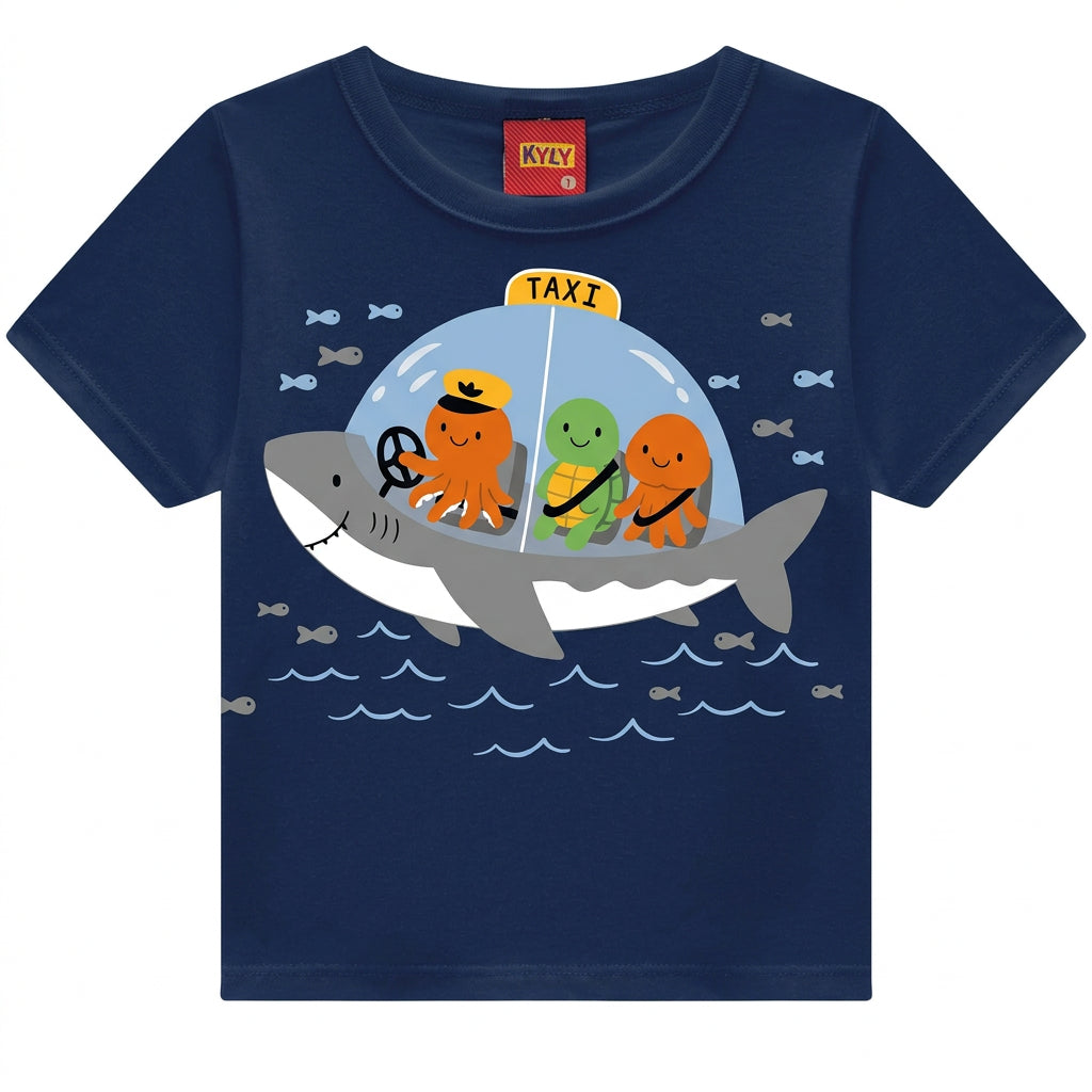 Conjunto Infantil Masculino Bebê Kyly Táxi Submarino Camiseta Meia Malha e Bermudinha