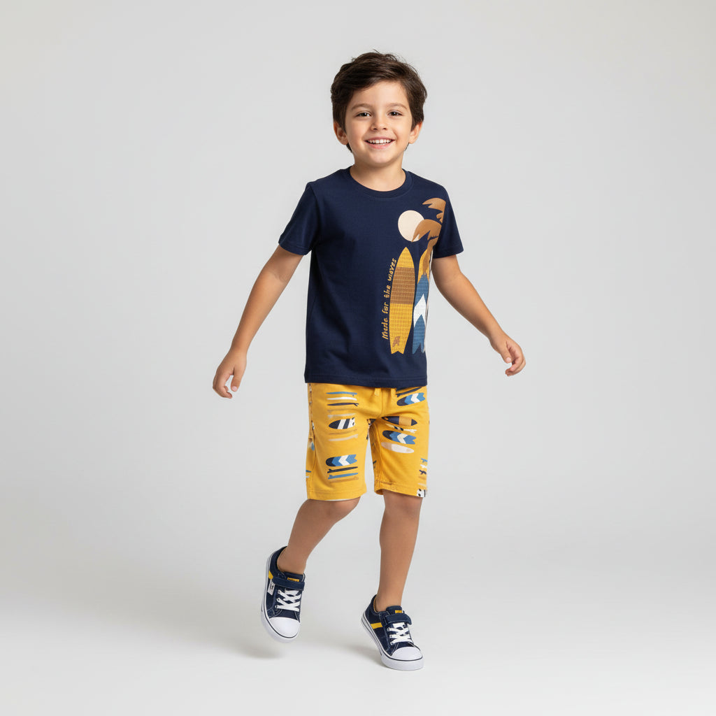 Conjunto Infantil Masculino Kyly Pranchas The Waves Camiseta e Bermuda