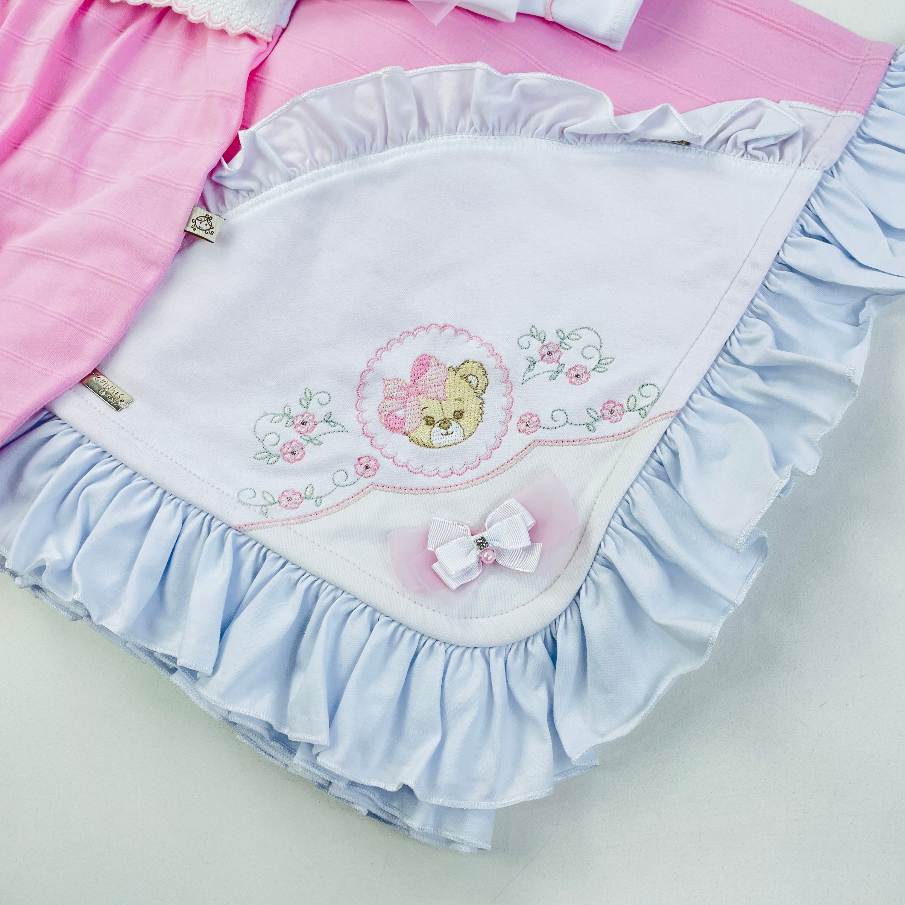 Saida De Maternidade Pipoquinhas Baby Menina Suedine Ursa Flor 4 Peças