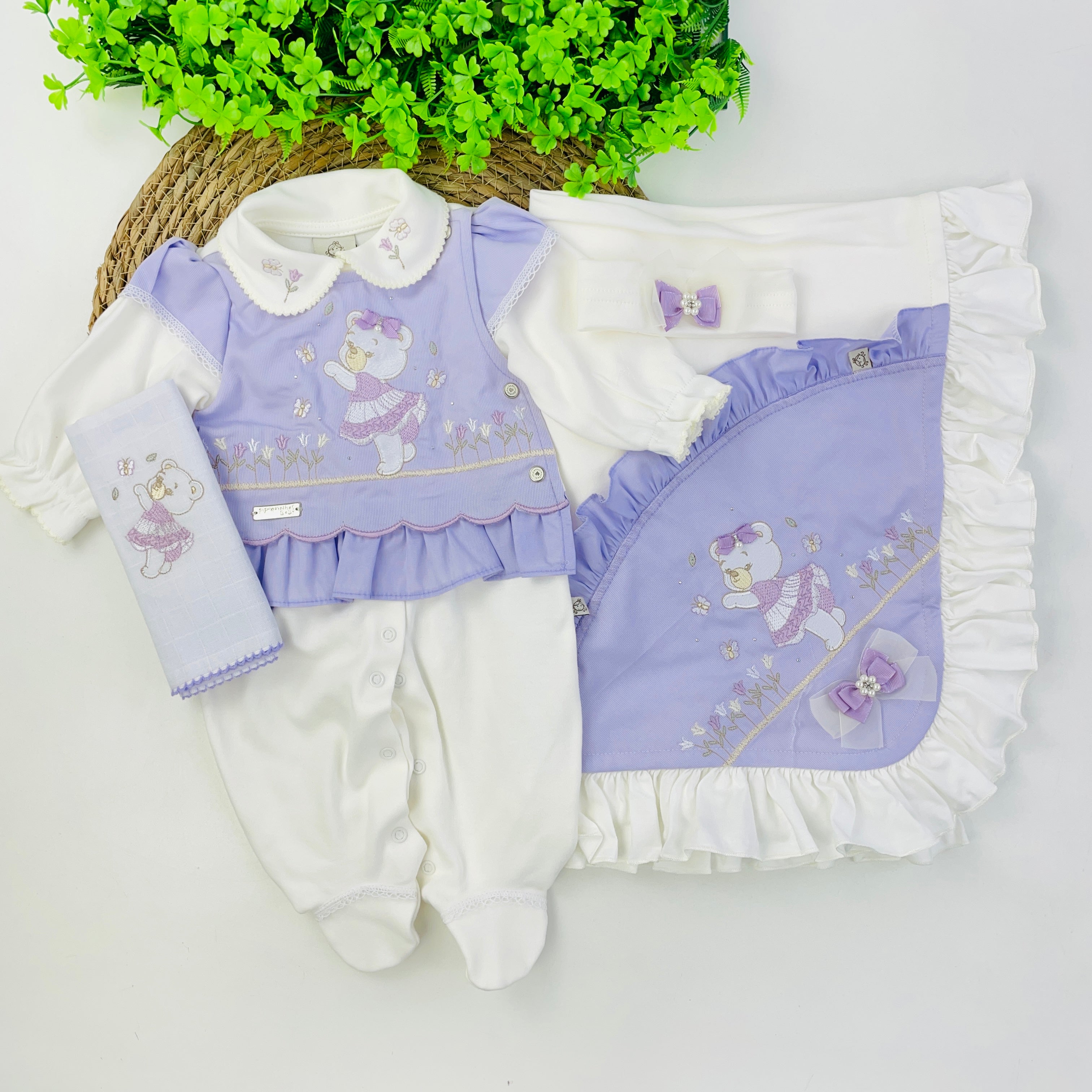 Saída De Maternidade Pipoquinhas Baby Menina Suedine Ursa Tulipas 4 Peças