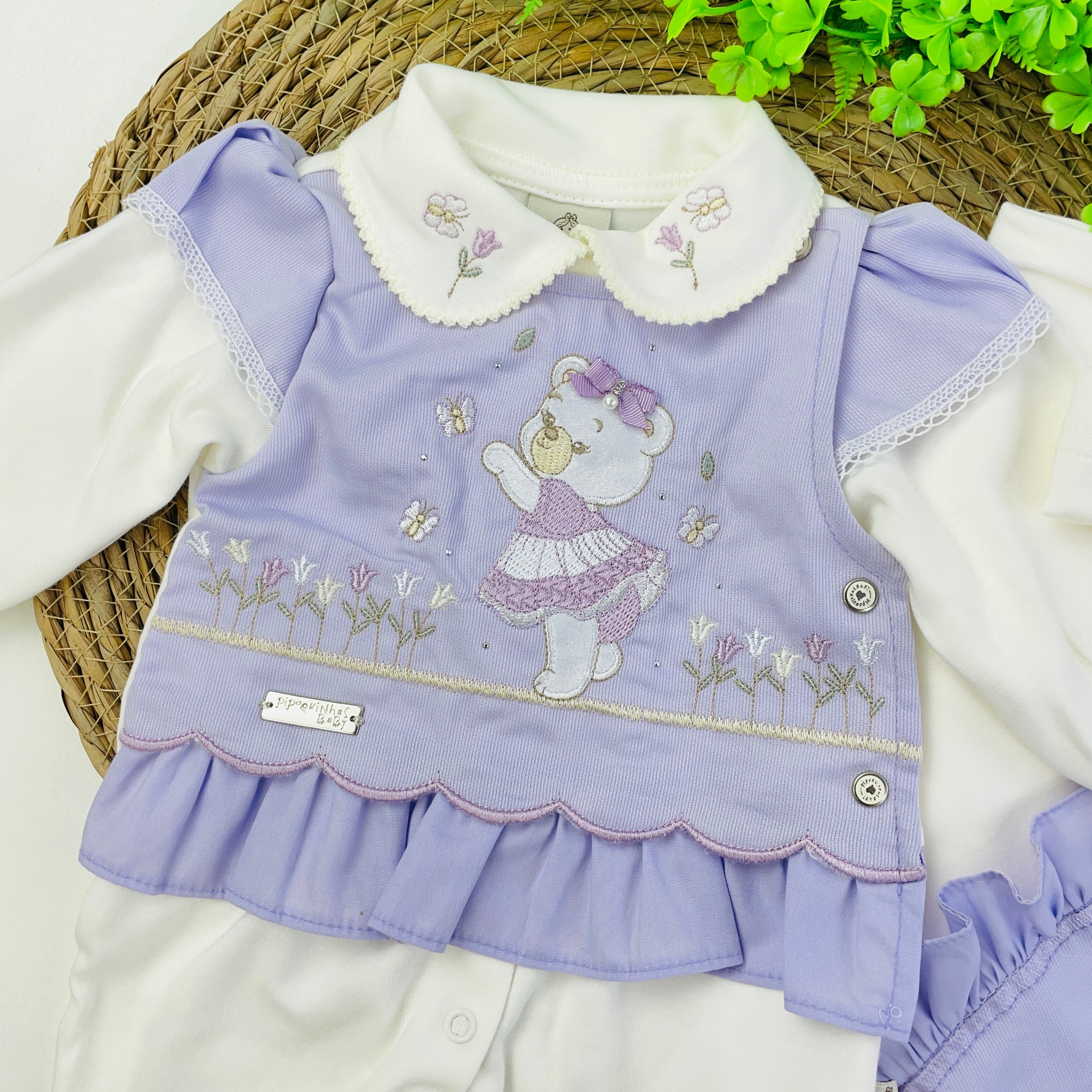 Saída De Maternidade Pipoquinhas Baby Menina Suedine Ursa Tulipas 4 Peças