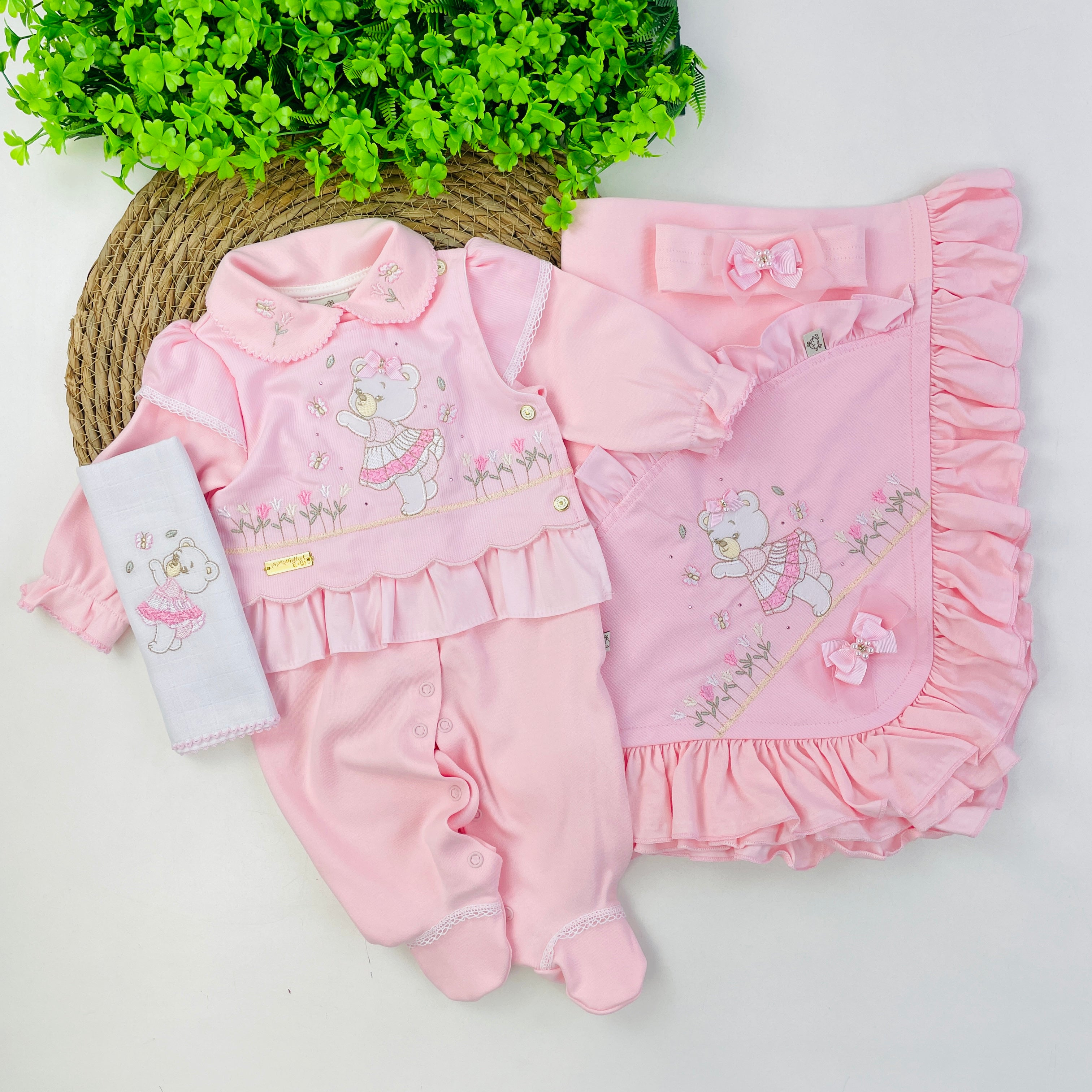 Saída De Maternidade Pipoquinhas Baby Menina Suedine Ursa Tulipas 4 Peças
