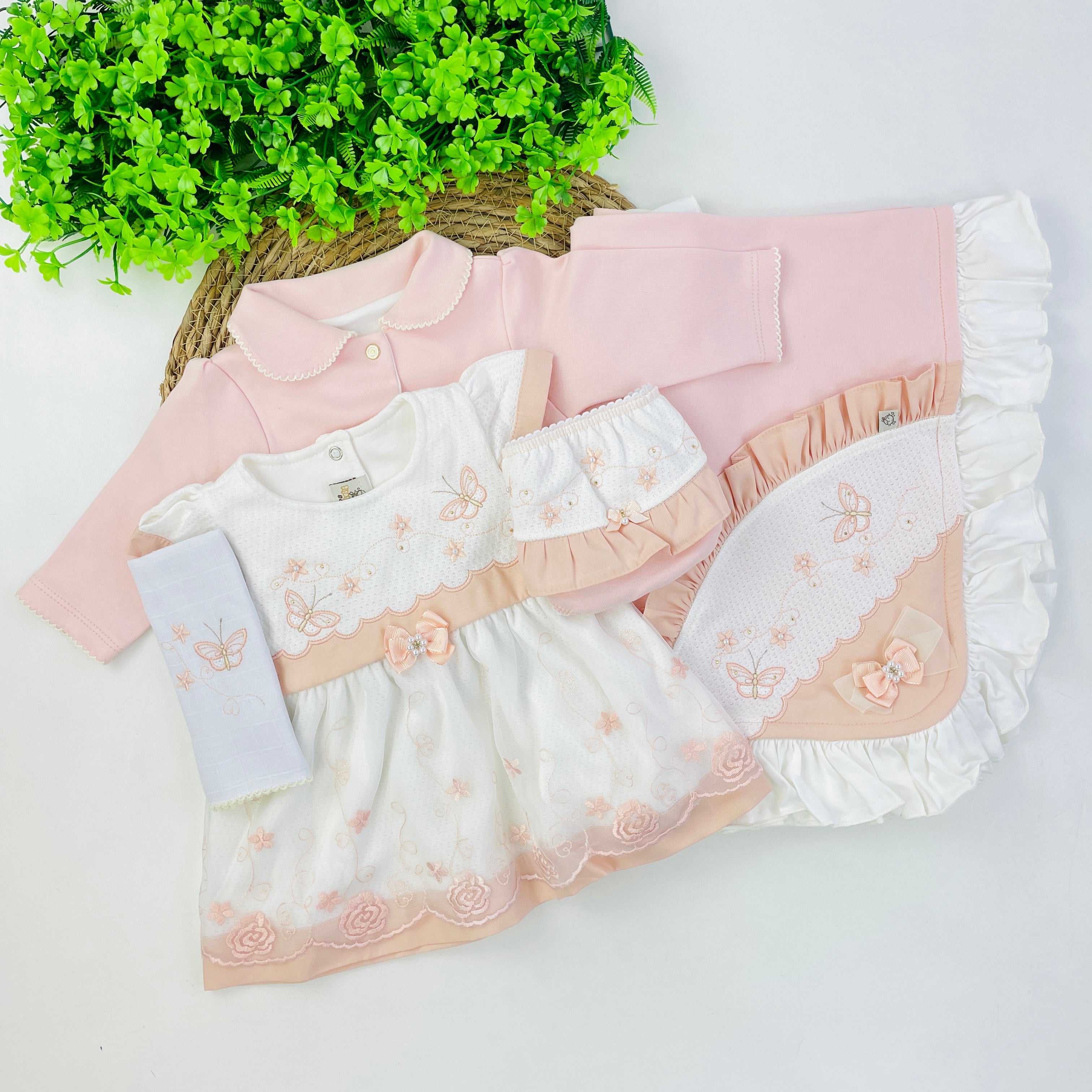 Saida De Maternidade Pipoquinhas Baby Menina Vestido Flores e Borboletas 5 Peças