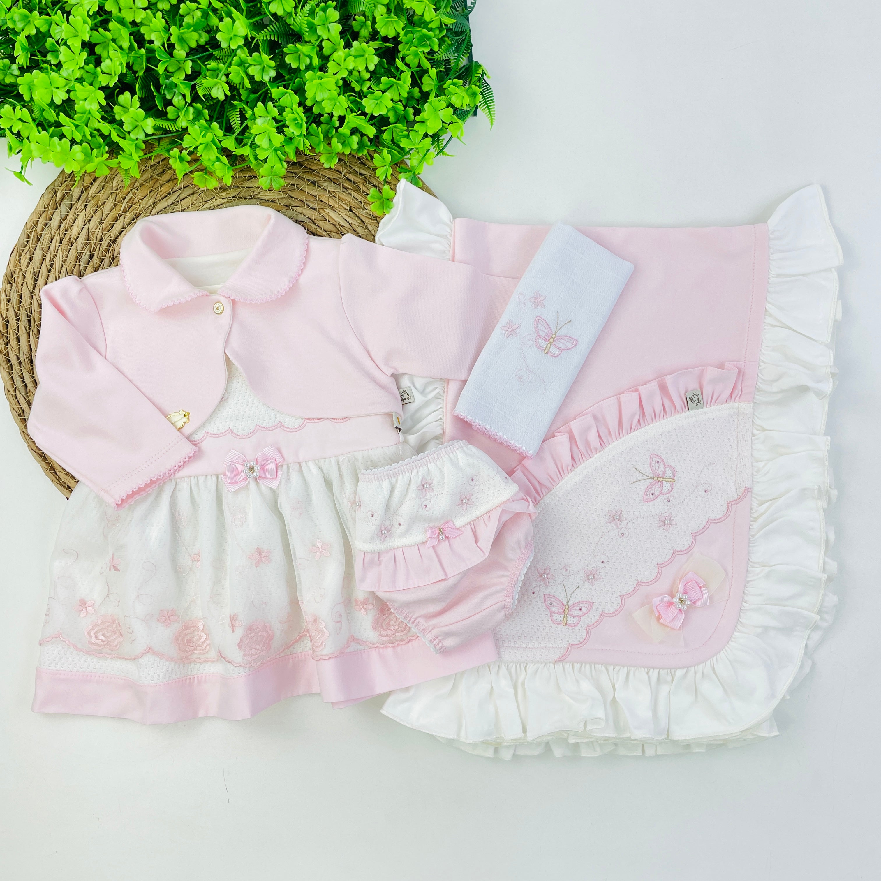 Saida De Maternidade Pipoquinhas Baby Menina Vestido Flores e Borboletas 5 Peças