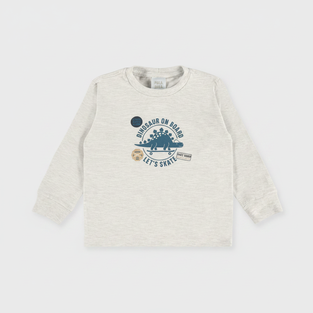 Camiseta Infantil Masculina Pulla Bulla Dinosaur On Board Manga Longa