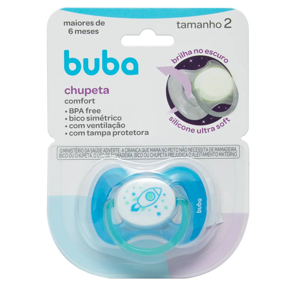 Chupeta Buba Comfort Noturna Foguete Brilha no Escuro Bico Simétrico