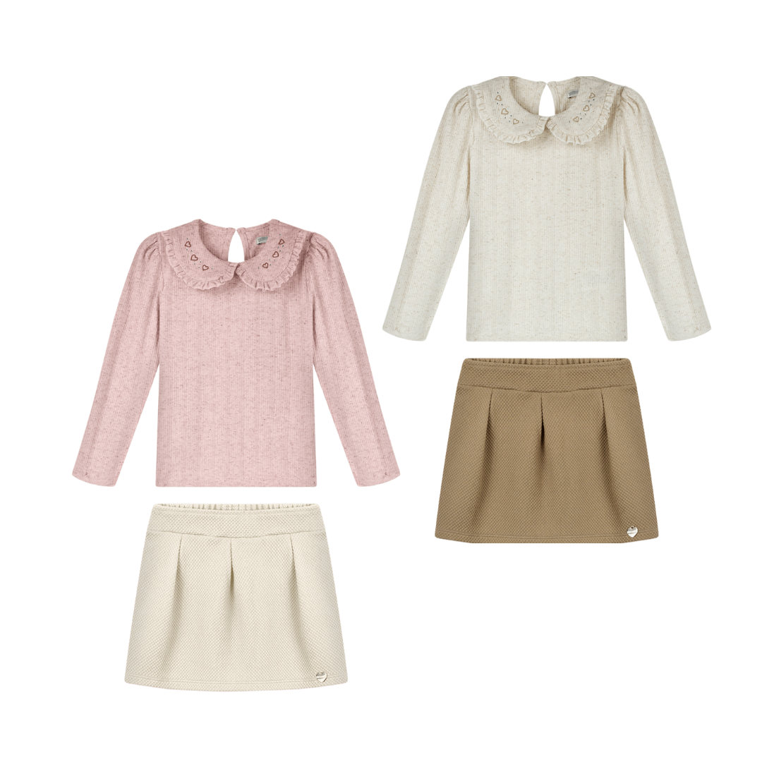 Conjunto Infantil Feminino Alakazoo Manga Longa Malha Canelada e Malha Soft