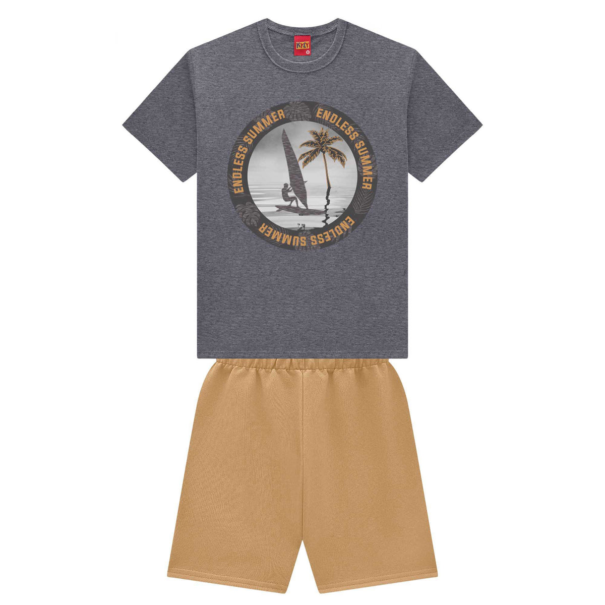 Conjunto Infantil Masculino Kyly Endless Summer Camiseta Meia Malha e Bermudinha
