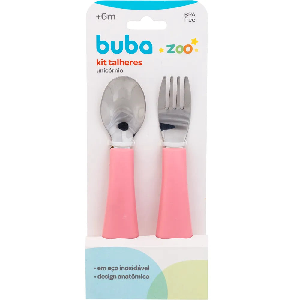 Kit Talheres Infantil Buba Zoo Inox Garfo e Colher com Apoio Higiênico +6 Meses 2 peças