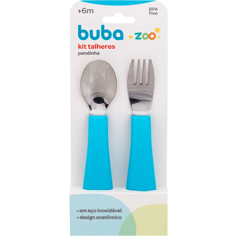 Kit Talheres Infantil Buba Zoo Inox Garfo e Colher com Apoio Higiênico +6 Meses 2 peças