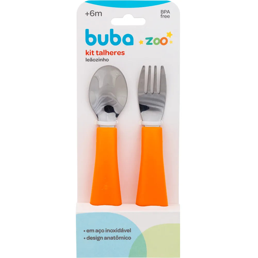 Kit Talheres Infantil Buba Zoo Inox Garfo e Colher com Apoio Higiênico +6 Meses 2 peças