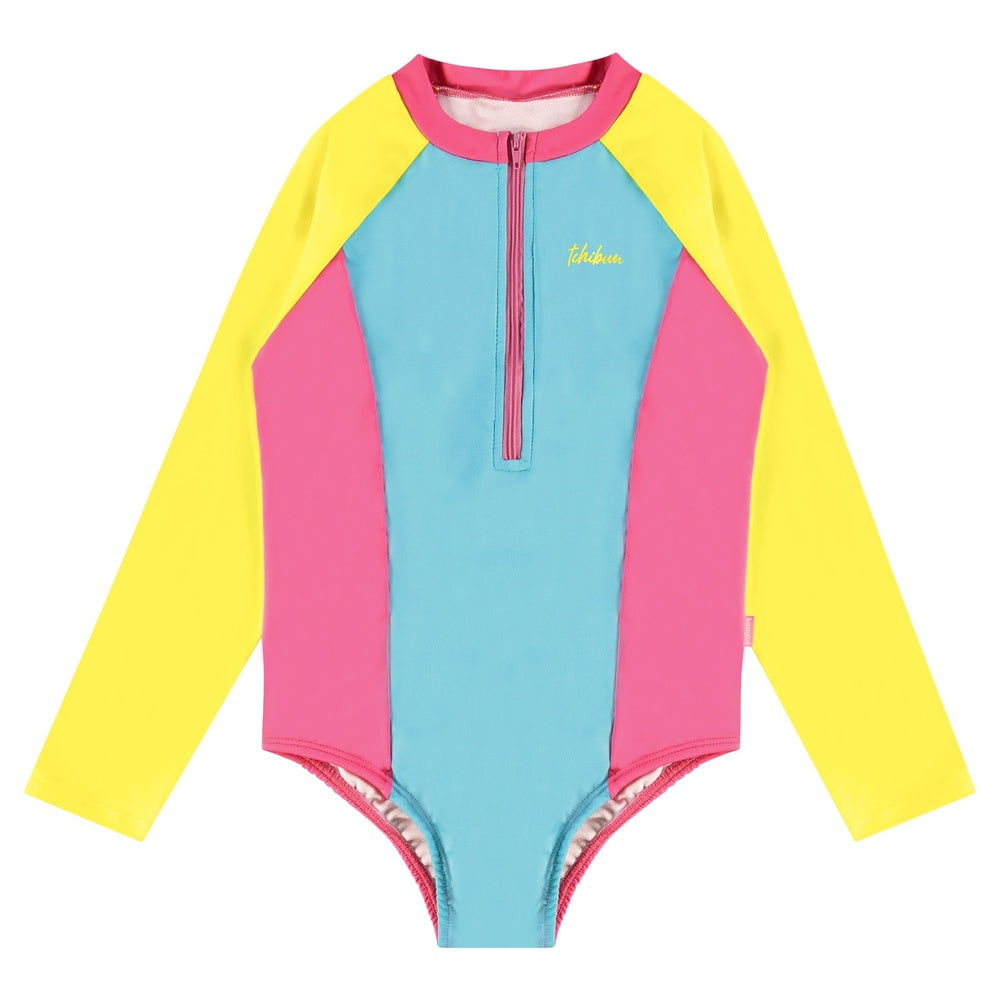 Maiô Manga Longa Infantil Feminino Kamylus Tchibum Recortes Proteção UV 50+ Dri-Fit Zíper Frontal