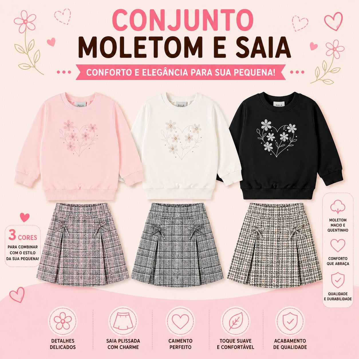 Conjunto Infantil Feminino Pulla Bulla Blusão de Moletom Bordado e Saia Shorts Xadrez