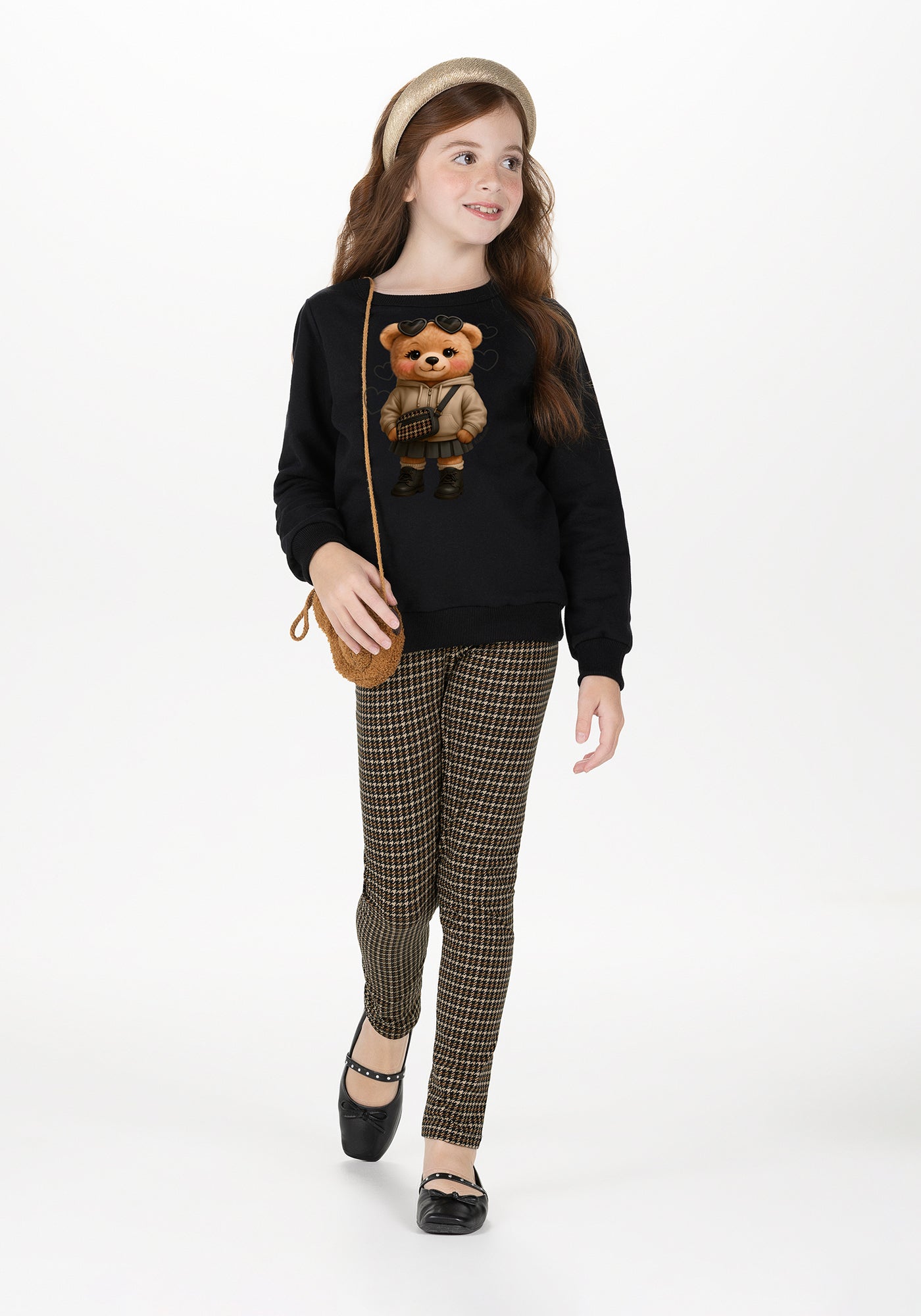 Conjunto Infantil Alakazoo Menina Moletom Ursinha e Calça Xadrez