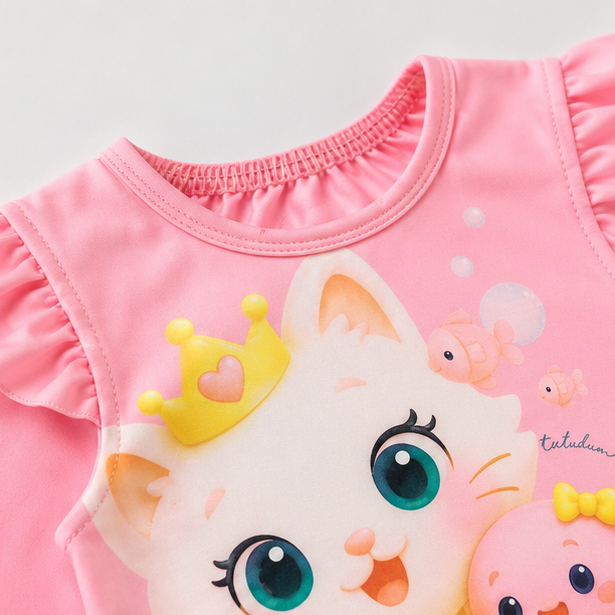 Maiô Manga Longa Infantil Feminino Kamylus Tchibum Gatinha Sereia Proteção UV 50+ Dri-Fit