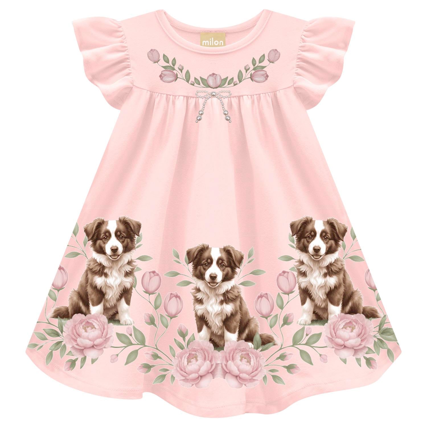 Vestido Milon Cachorrinho Rosa e Lacinho de Pérolas
