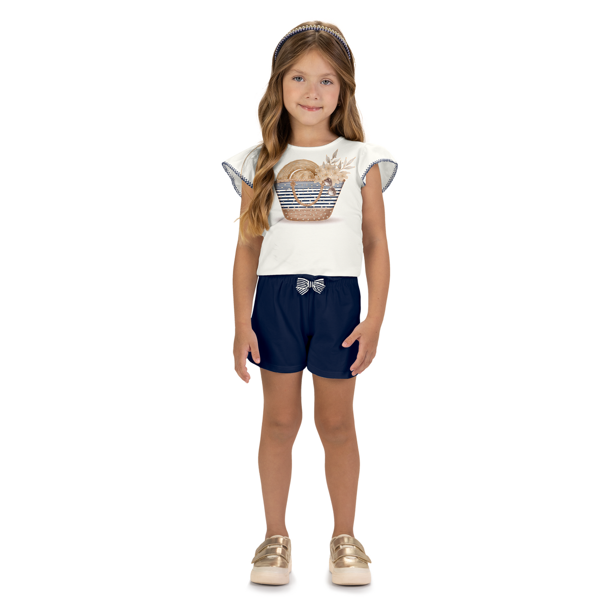 Conjunto Infantil Feminino Milon Bolsa de Praia Blusa Cotton e Shorts Moletinho