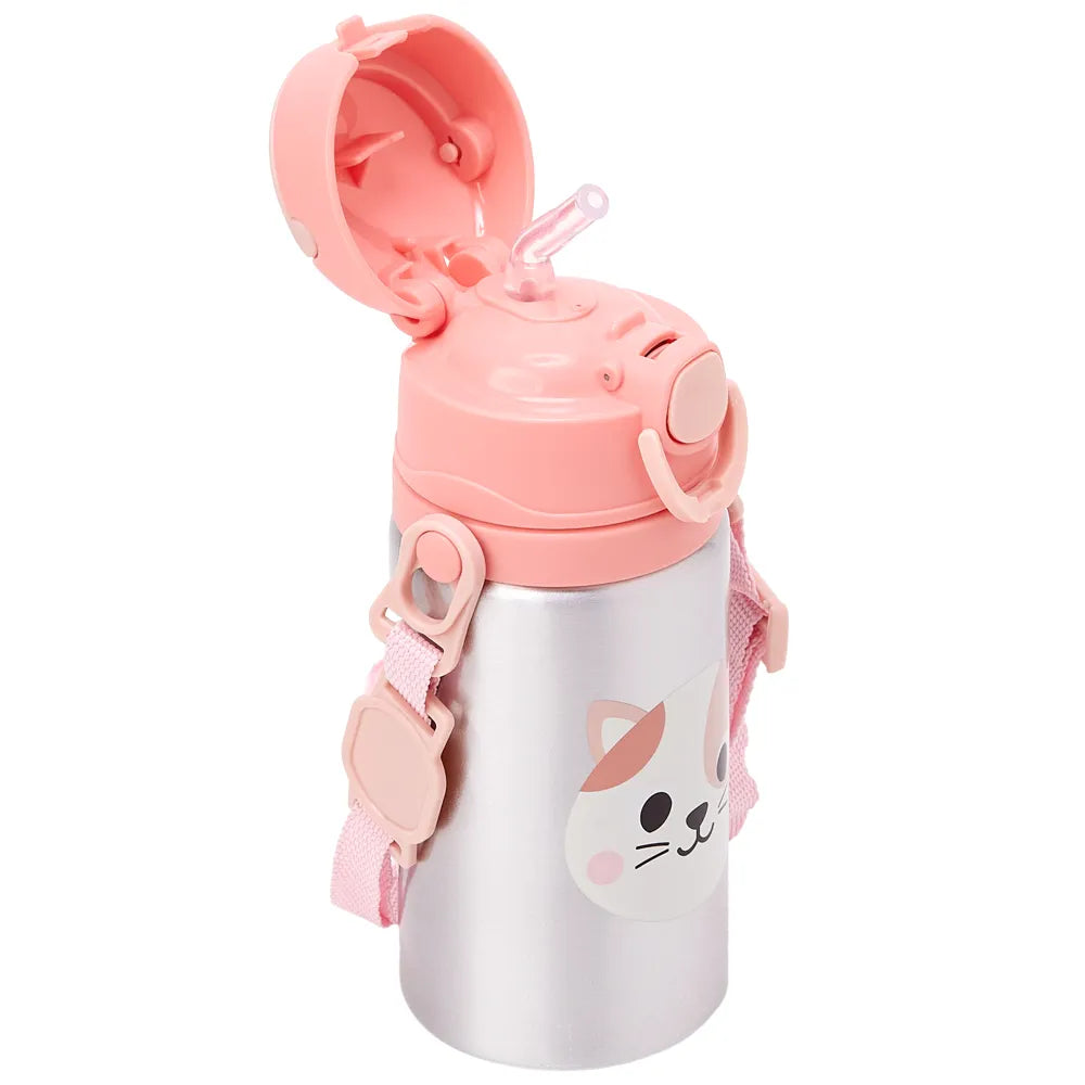 Garrafinha de Alumínio Infantil Buba Zoo 450 ml com Canudo e Cordinha +3 Anos