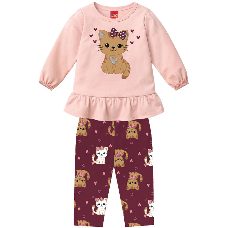 Conjunto Infantil Feminino Kyly Blusa com Babado Gatinha de Laço e Legging