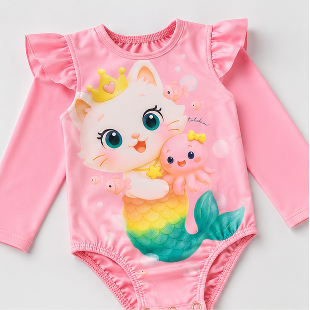 Maiô Manga Longa Infantil Feminino Kamylus Tchibum Gatinha Sereia Proteção UV 50+ Dri-Fit