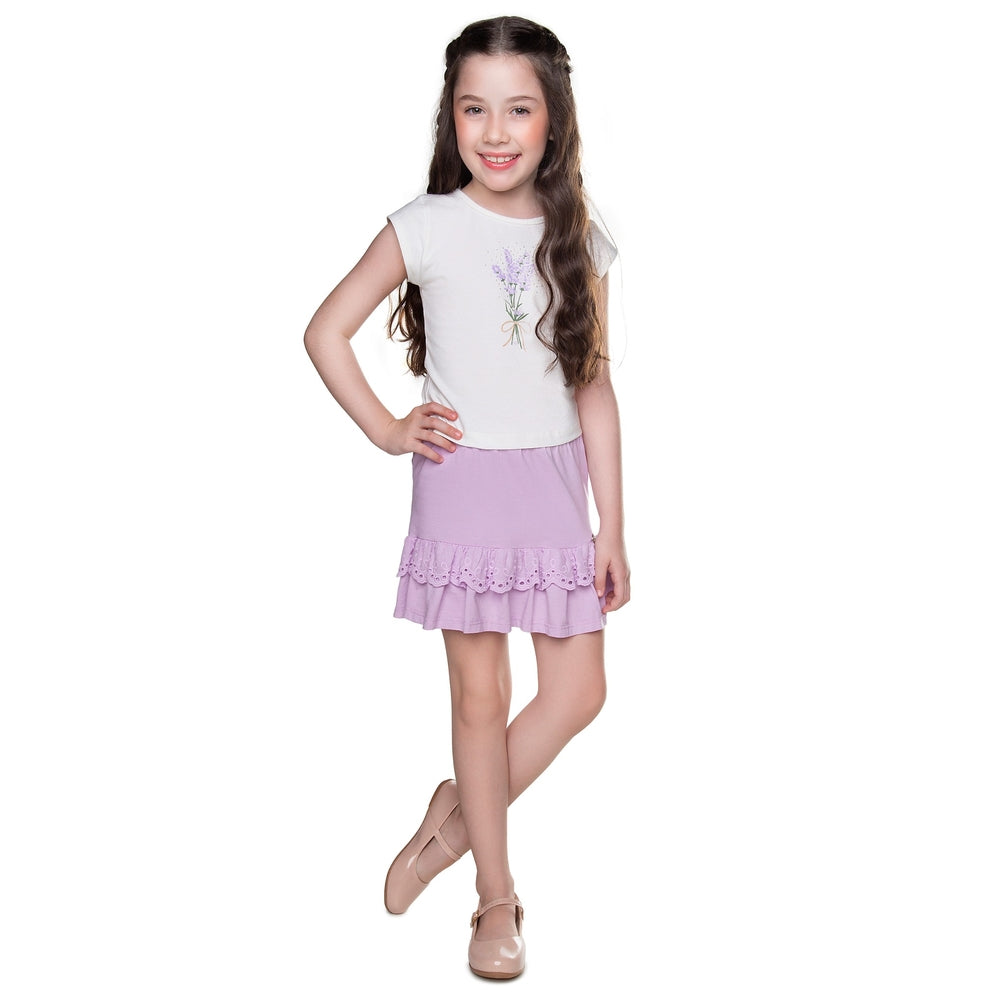 Conjunto Infantil Feminino Have Fun Lavanda Meia Malha e Short Saia em Laise
