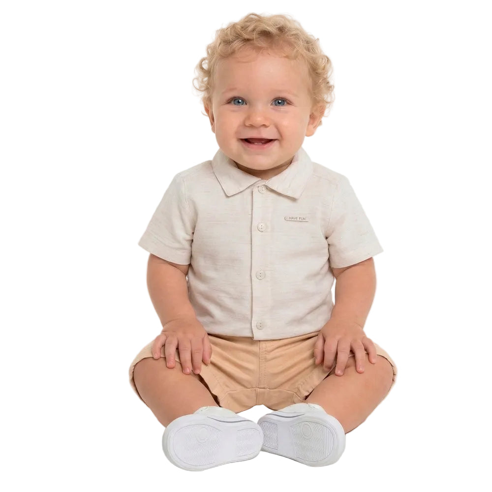 Conjunto Infantil Masculino Have Fun Essence Camisa Linho Texturizado e Bermuda Sarja
