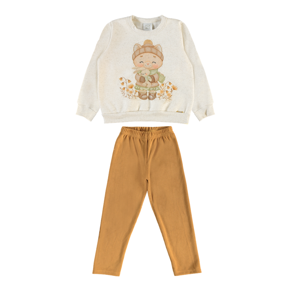 Conjunto Infantil Feminino Pulla Bulla Gatinha e Flores - Moletom Flanelado e Malha Cotelê