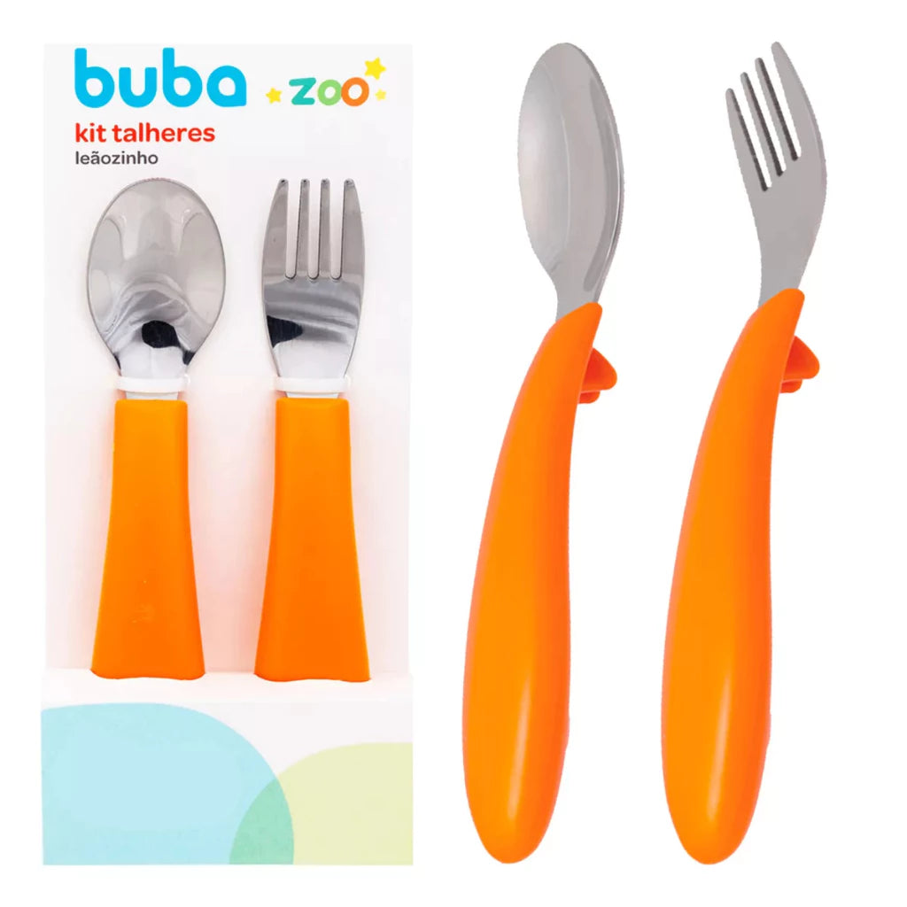 Kit Talheres Infantil Buba Zoo Inox Garfo e Colher com Apoio Higiênico +6 Meses 2 peças