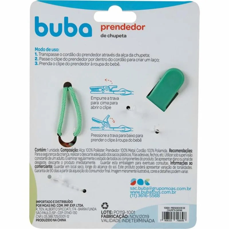 Prendedor de Chupeta Infantil Buba Linha Safari Seguro 3 Meses+
