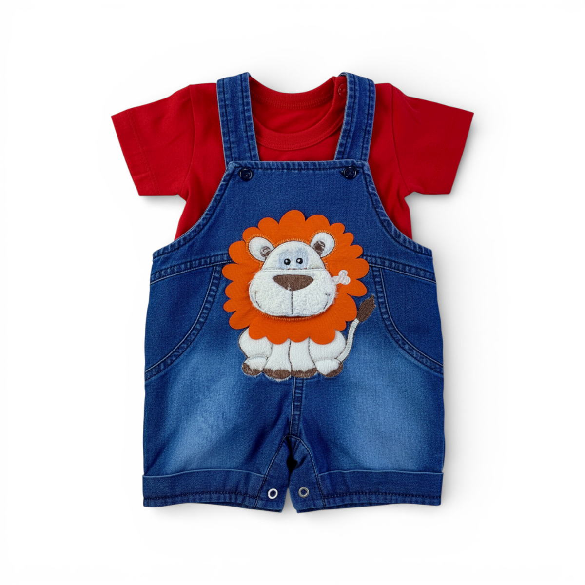 Jardineira Jeans Masculina Infantil Brokinha Leão Boca Aberta com Blusa