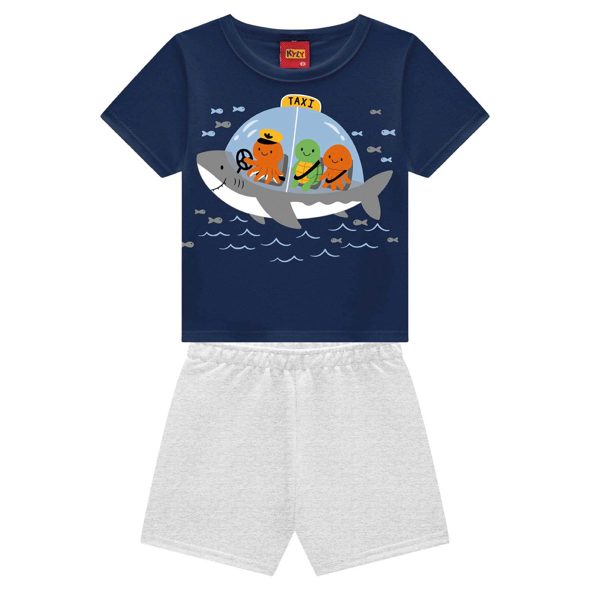 Conjunto Infantil Masculino Bebê Kyly Táxi Submarino Camiseta Meia Malha e Bermudinha