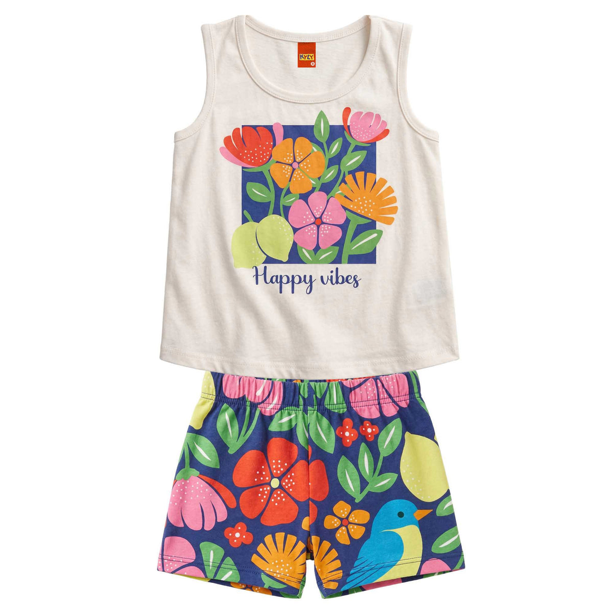 Conjunto Infantil Feminino Kyly Happy Vibes Regata e Shorts